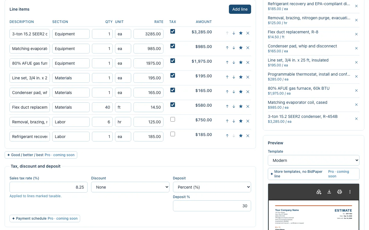 The BidPaper builder with a sample HVAC estimate open: eight line items with quantities and rates, sales tax, discount and deposit, and the PDF preview