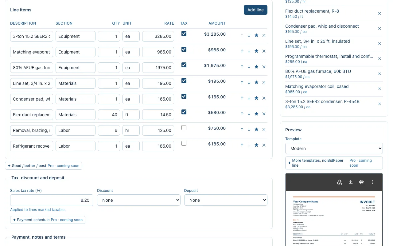 The BidPaper builder with a sample HVAC invoice open: eight line items with quantities and rates, sales tax, discount and deposit, and the PDF preview